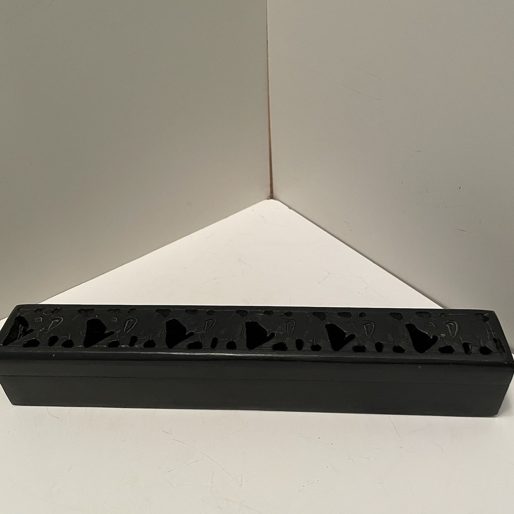 Vintage Black Soapstone Incense Box Holder - Elephant Fretwork Hinged Lid 10"